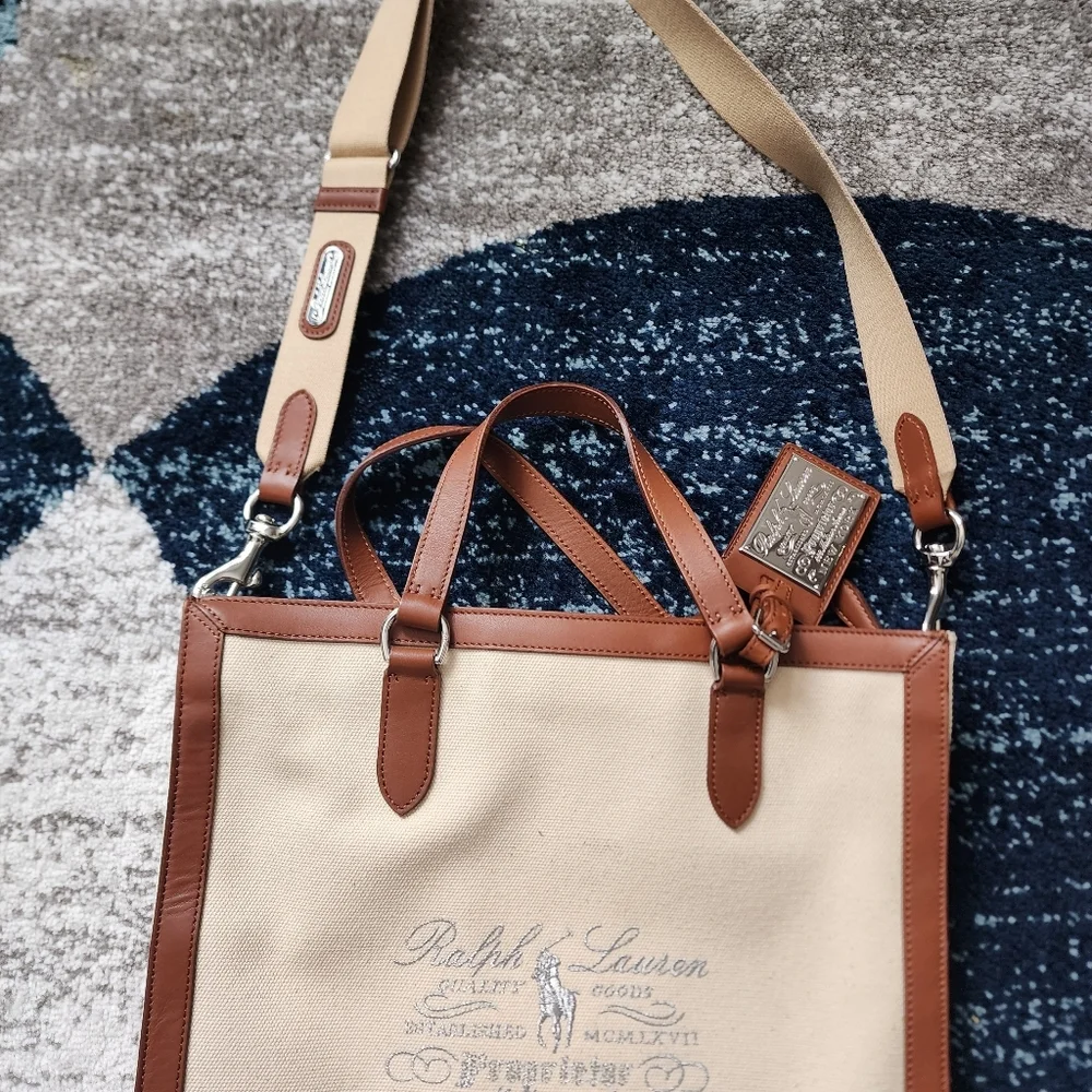 RALPH LAUREN Vintage Cream Canvas and Leather Tote Satchel Bag